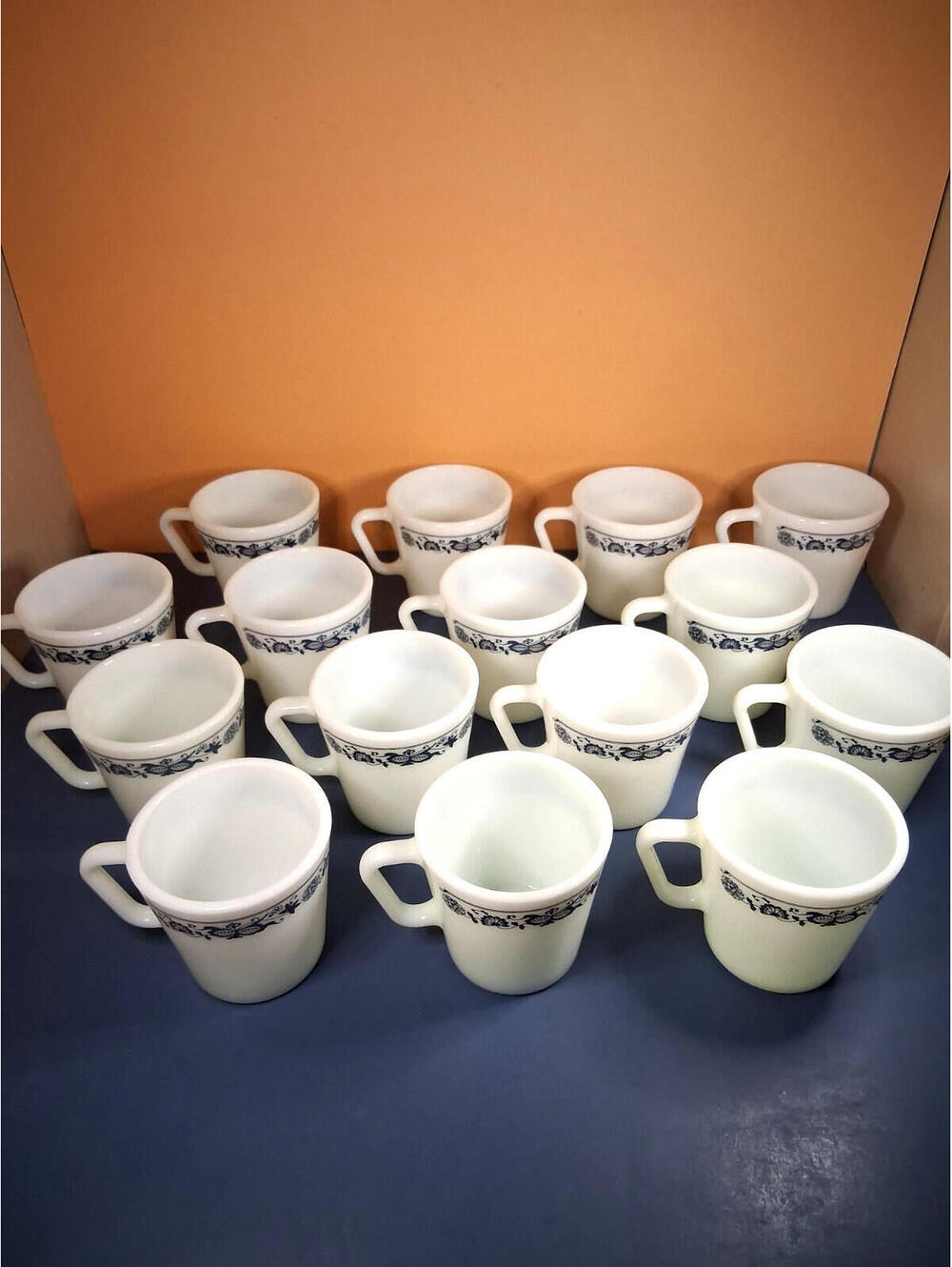 Vintage Pyrex 1410, 1970's Coffee Mugs Old Town Blue Milk Glass Cups - Set of 15